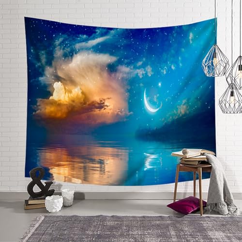 Tapisserie motif lune ciel étoilé drapé mural féerique marine 210x140