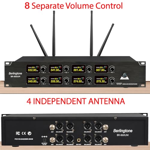 Sistema inalámbrico profesional de micrófonos UHF de 8 canales, micrófonos dinámicos metálicos sin cable, alcance de 262 pies, ideal para karaoke, iglesia, canto, DJ y fiestas (BR-860UM) miniatura 2