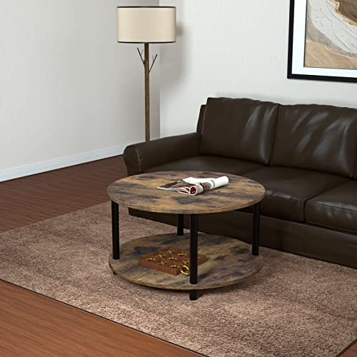 Vanrohe Round Coffee Table For Living Room, 31.5’’ 2-Tier Rustic Brown Center Table With Open Storage Shelf For Office/Home/Reception Room, Metal Legs, Easy To Assemble #TOP3