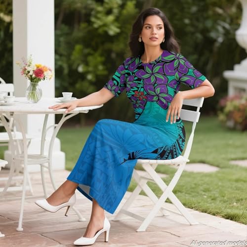 Image of Polynesian Dress for Women Short Sleeve High Waist Maxi Skirt | Puletasi dress, t-shirt and skirt two-piece, elastic material, lightweight, soft, plus size, luau party, wedding, clubwear