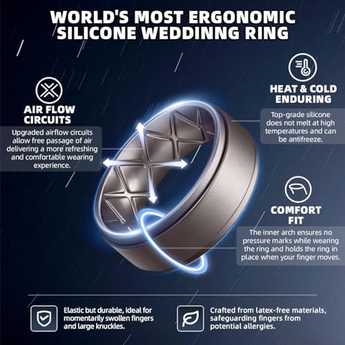 Egnaro Silicone Wedding Rings Mens, Inner Arc Breathable Design Silicone Rings for Men, 7 Rings / 4 Rings / 1 Ring Step Edge Rubber Wedding Engagement Bands Comfort for Workout, 8mm Wide-2mm Thick2