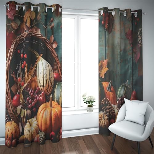 HOBBOY Happy Fall Darkening Curtains Thanksgiving Pumpkin Harvest Print Curtains Fruit & Vegetables Window Drapes for Bedroom Living Room Decor 2X W38xL63in