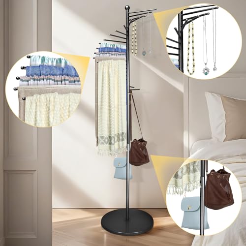 Schalhalter stehender Schalbügel 150-170cm Höhenverstellbar, Schalaufhänger Freistehend Spiralschalhalter mit 22 Kleiderstangen, Metall Hängeorganizer für Schals, Krawatten (Schwarz)