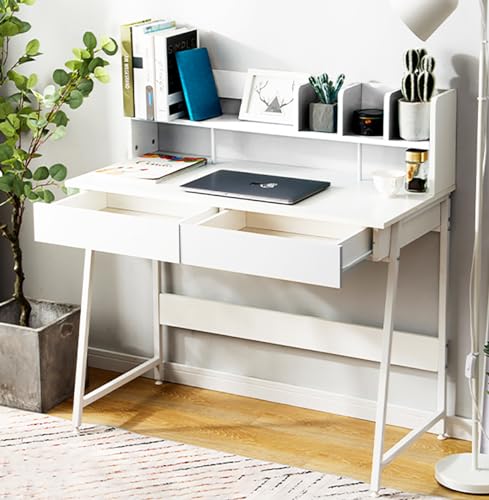 Bennbari パソコンデスク オフィスデスク 棚つき 勉強机 引き出し付き 作業台 天板ラック 収納付き ワークデスク おしゃれ ワーキングデスク 省スペース 学習デスク シンプル 学習机 事務机 ミシン台 組立簡単 (ホワイト)