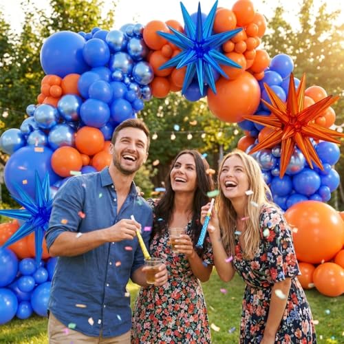 Image of Blue and Orange Balloon Arch Kit, 151Pcs Royal Blue Metallic Blue Orange Balloon Garland kit, Different Size Balloons for Girl Birthday Anniversary Baby Shower Graduation Party Decorations