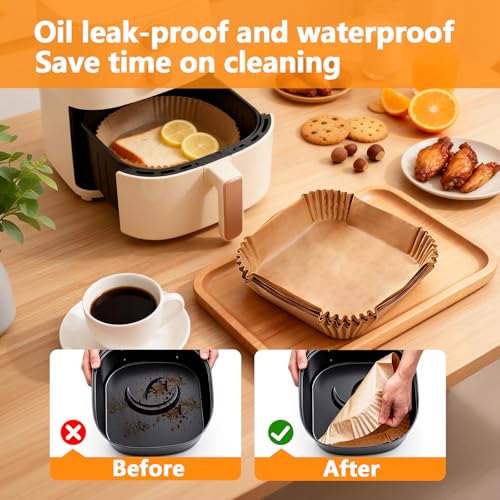 Image of 150 Pcs Unbleached Air Fryer Liners 10 Inch, Non-Stick Disposable Parchment Paper Squares for Air Fryer, Microwave, Steamer & Oven - Oil-Proof, Waterproof, Ashesive-Free (9 inch Bottom)