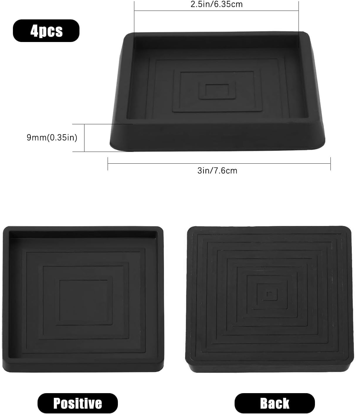 Wjelet 4pcs 2.5inch Furniture Coasters Cups, Square Caster Cup, Non-Slip Rubber Furniture Coasters - Image 2