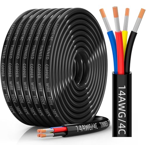 CONEPY 14 Gauge Wire 4 Conductor Electrical Wire 14 AWG Tinned Copper Stranded PVC Cable IP68 Waterproof/Flexible/Low Voltage Cord for Automotive RV Marine Solar LED Lighting(30FT)