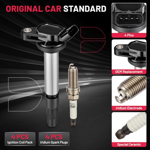 Image of BDFHYK Ignition Coil Pack UF596 and Iridium Spark Plugs 93501 Compatible with Toyota Corolla 2009 2010 2011 2012 2013 Toyota Prius Matrix Plug-In Prius V Lexus CT200h Scion xD 1.8L L4 UF619 Set of 4