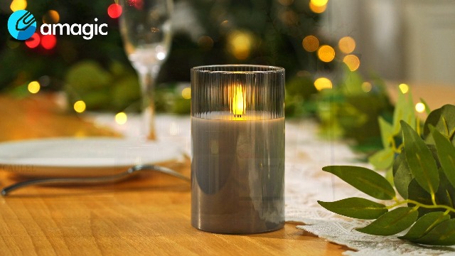 Image of Amagic Grey Flameless Candles with Remote, Battery Operated Candles with Timer, Ribbed Glass LED Pillar Candles with Flickering Flame for Spooky Halloween Party Decor, Real Wax, Set of 3