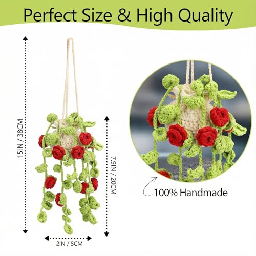 Image of Cute Air Freshener for Car, Crochet Car Accessories Air Freshener, Cute Rear View Mirror Accessories, Handmade Crochet Plant for Cars, Red Rose