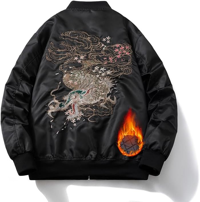 Japanese Dragon Embroidered Bomber Jacket Vintage Streetwear Spring Fall Windbreaker Coat for Men Women