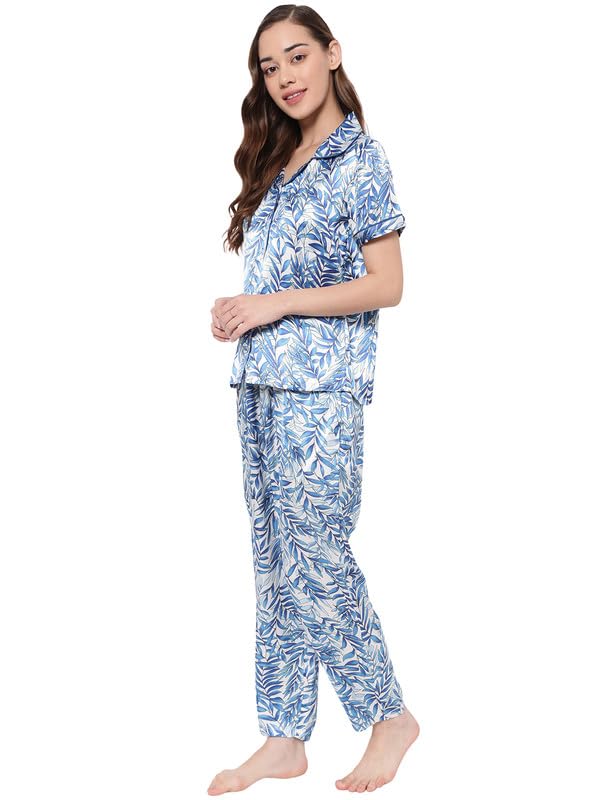 Image of Clovia Women's Crepe Printed Button Down Shirt & Pyjama Set in Grey