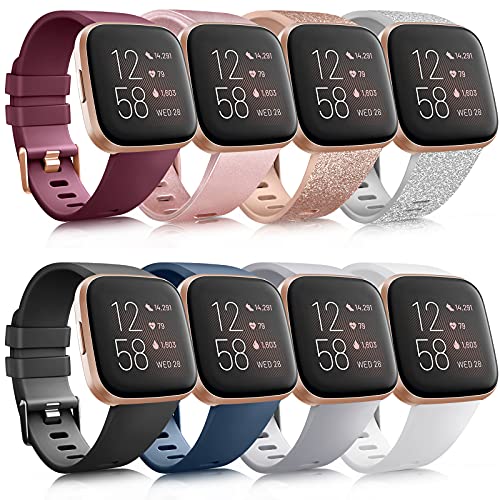 8 Pack Sport Bands Compatible with Fitbit Versa 2 / Fitbit Versa /Versa Lite/Versa SE, Classic Soft Silicone Replacement Wristbands Straps for Fitbit Versa 2 Smart Watch Women Men (8 Pack D, Small)