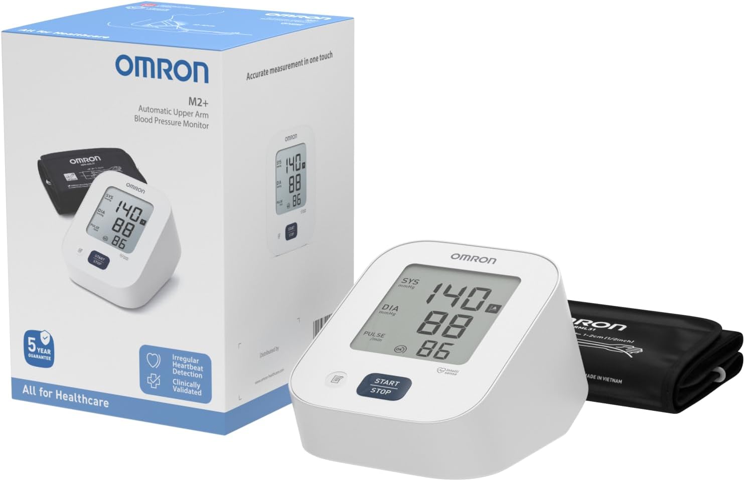 OMRON M2 Automatic Blood Pressure Monitor Upper Arm, Hypertension Irregular Heartbeat Home BP Machine 30 memories, Clinically Validated Compatible with Small Kids-Adults Large Cuffs, 5 Year Guarantee