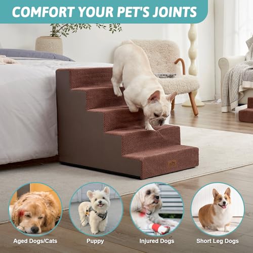 Image of COZY KISS Dog Stairs for Small Dogs 5-Step, 19.7 inch Extra Wide Right-Angle Pet Stairs for Couch and Beds, Anti-Slip Dog Steps for Old Cats and Lowrider, 19.7x29.5x23.6 inch, Brown