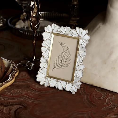 Image of Antique Floral Picture Frame - Resin & Glass Victorian-Style Frame for Tabletop or Wall Decor (White, 3 inch x 5 inch)
