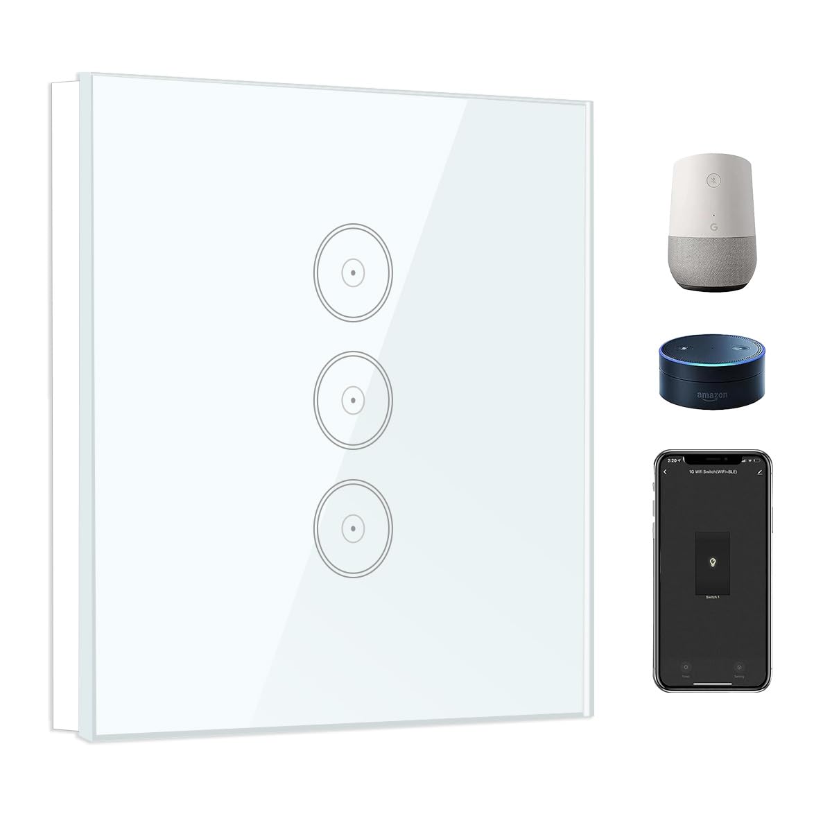 Zigbee Smart Light Switch, 3 Gang Touch Wall Switch, Compatible with Amazon Alexa/Google Home, APP Remote/Voice Control, Timer, Neutral Wire Required, White