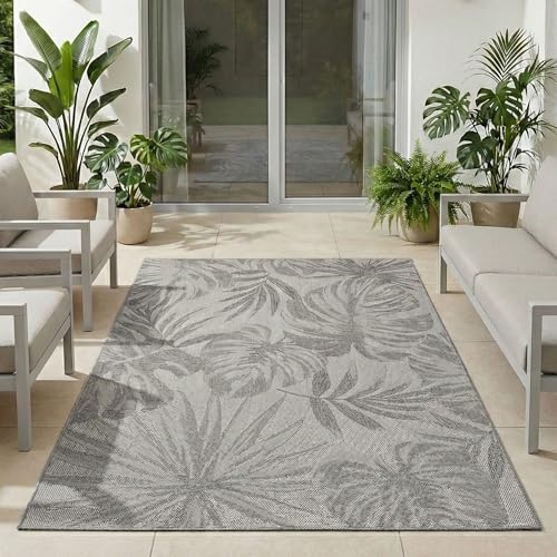 Carpetsale24 Outdoor Teppich Grau 140x200 cm, Wetterfest & UV-beständig, ideal für Küche, Balkon, Terrasse, Garten auch Wohnzimmer und Esszimmer, Palmblätter-Design, Leicht zu Reinigen