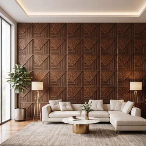 Image of Kayra Decor 3D PVC Wall Panels for Bedroom & Living Room | Plaina Design | Metallic Bronze Color | 19.7 x 19.7 Inch | Pack of 40 | 107.6 Sq Ft