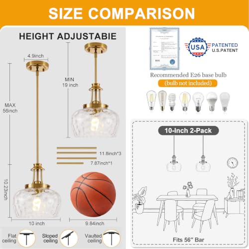 Modern Pendant Lights Kitchen Island, Brushed Gold Pendant Light Fixtures with 10" Clear Hammered Glass Shade, Industrial Hanging Pendant Lights Fixture for Kitchen Island Dining Room Bedroom Entryway by UnicozoHome - Used condition - Image 5