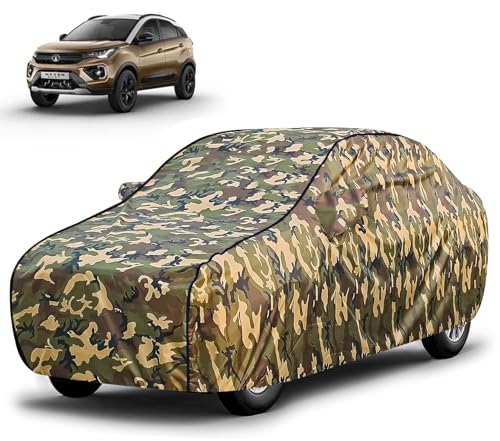Image of FABTEC Waterproof Car Body Cover for Tata Nexon with Mirror Pocket, Triple Stitched (Military, Jungle Print, Camouflage Design)