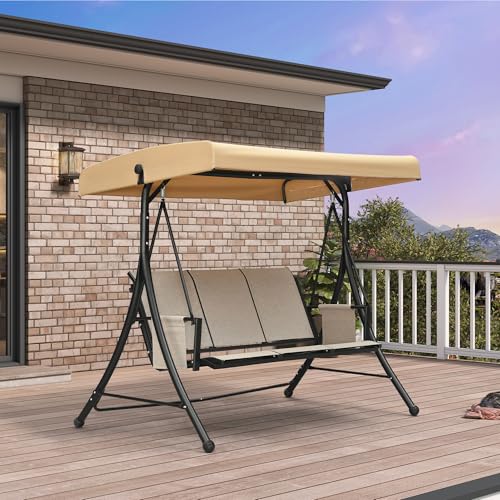 Image of PURPLE LEAF Porch Swing with Adjustable Tilt Canopy 3-Seat Patio Swing with Stand and Metal Steel Frame All-Weather Outdoor Swing Chair Seat for Backyard Garden Deck Balcony (Silver Grey)