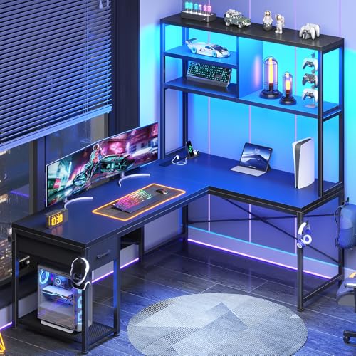 SEDETA L Shaped Gaming Desk, 51.2" Reversible Small Corner Desk with Drawer, Power Outlet & LED Lights, Computer Desk with Storage Shelves for Small S