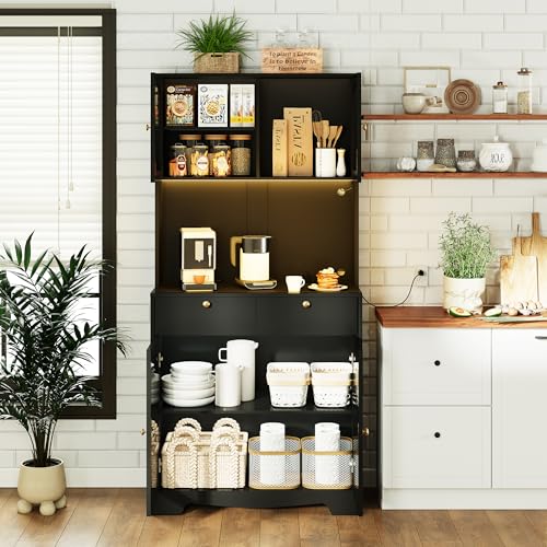 Image of 72 inch Black Kitchen Pantry Cabinet with Lights and Charging Station, Tall Hutch Storage Cabinet Coffee Bar Cabinet with Microwave Shelf for Dining Room