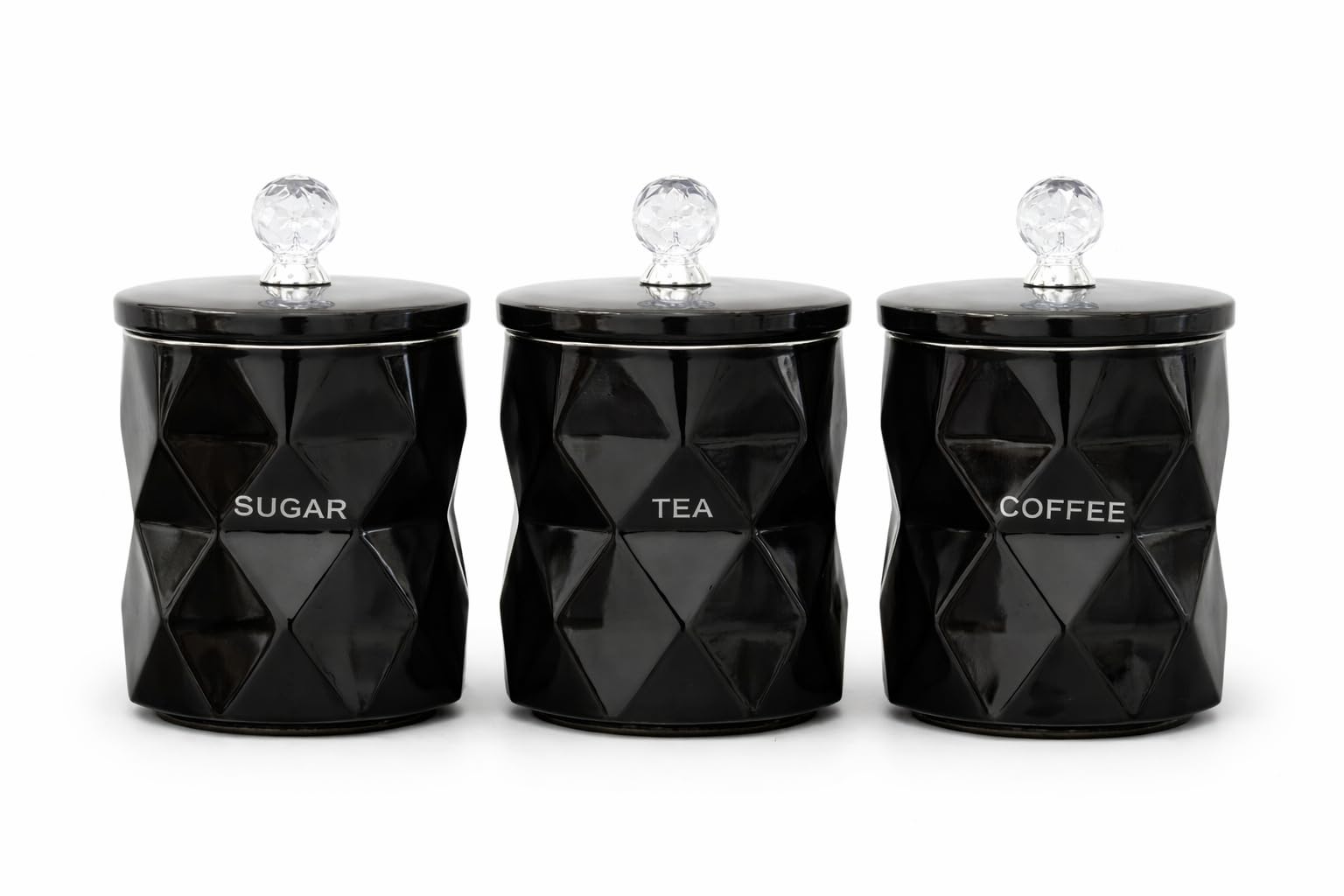 BMLIMITED Tea Coffee Sugar Canister Set of 3 Marble Effect Ceramic Storage Jars Airtight Crystal Lid Kitchen Counter Canisters for Coffee Tea Sugar Modern Kitchen Decor Gift Set
