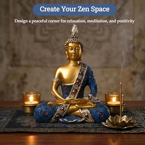 Image of Kuber Industries 6x8 Inch Meditating Sitting Buddha Idol Statue for Living Room | Resin Buddha Showpiece for Home Decor, Office, Temple & Gifting Item | Blue
