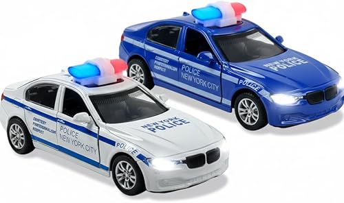 Paquete de 2 autos de policía de metal fundido a presión NY con batería con faros LED y sonidos de sirena, escala 1:32