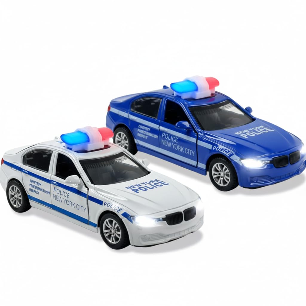 2 Pack Metal Diecast NY Police Cars Pull Back Battery Powered Toy Vehicles with LED Headlights and Siren Sounds 1:32 Scale