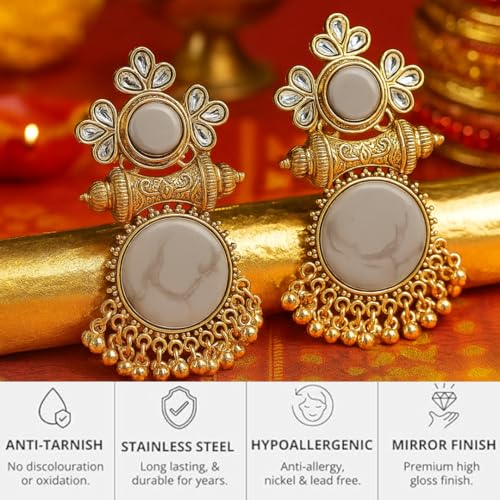 Image of Premium Oxidized Gold Chunky Jhumki Earrings for Women - Heavy Statement Jhumka with Long Chain & Ghungroo Drops | Anti-Tarnish Hypoallergenic Mirror Finish | Bridal, Navratri, Garba, Diwali