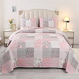 KINBEDY King Size Quilt Set Pink Gray King Bedspread Coverlet Set 3 Piece, Patchwork Quilted Bedding Set Reversible Lightweight Microfiber Quilt Blanket Bed Cover with 2 Pillow Shams