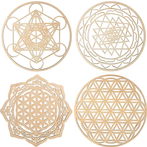 4 piezas de arte de pared de geometría sagrada de 12 pulgadas, decoración de meditación, tablero de rejilla de cristal de madera, incluye cubo de metatrón, flor de la vida, sri yantra, mandala flor de la vida, decoración de pared zen para colgar en el hogar