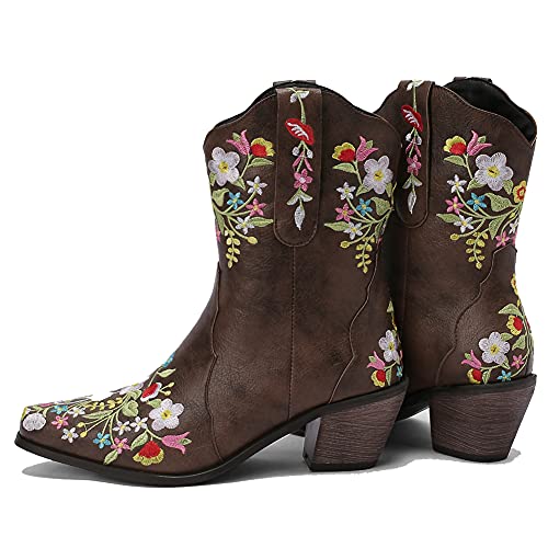 Furcross Womens Flower Embroidered Cowboy Cowgirl Boots Retro Classic Western Boots Ankle Booties Work Boots