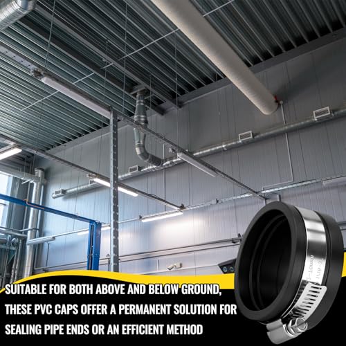 Image of 12 Pack 2 Inch Flexible PVC Pipe Cap with Stainless Steel Clamps - Black Durable End Caps for Drainage, Wastewater & Vent Pipes, Above /below Ground Use