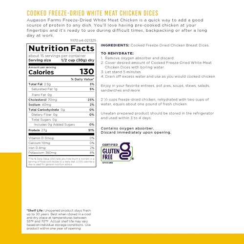 Image of Augason Farms Cooked Freeze Dried White Meat Chicken Dices Can, Emergency Food Supply, Everyday Meals, 15 Servings