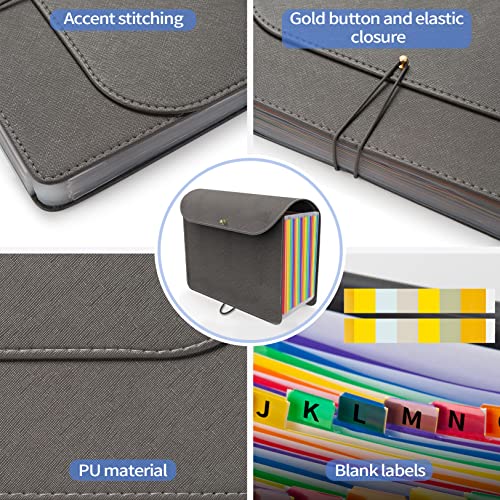 Sooez 24 Pockets Accordion File Organizer, Letter Size, Durable Leather Expanding File Folder, Paper Bill Tax Receipt Organizer, Large Capacity Document Holder With Blank Labels, Dark Gray #TOP4