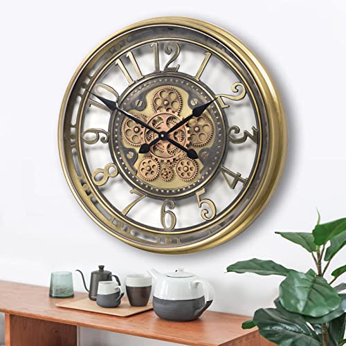 Infinity Time Moving Gears Wall Clock,Vintage Industrial Style Clock, Large Elegant Modern Decorative Art Arabic Numerals Metal Wall Clock For Living Room Decor, Brass Black Gold (21 Inch) #TOP5
