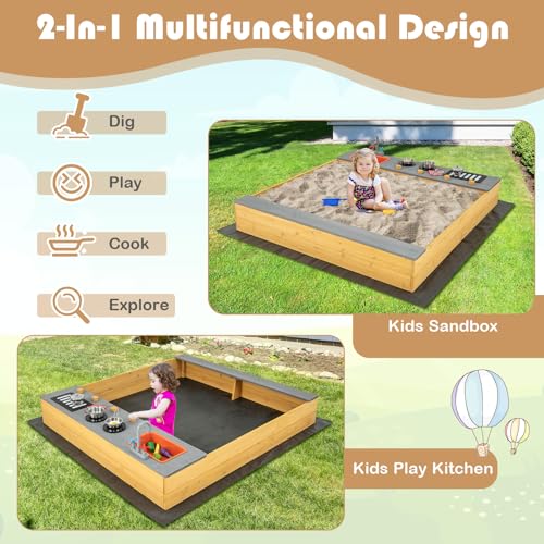 HONEY JOY Kids Sandbox, 2 in 1 Cedar Bottomless Sand Pit & Kitchen Playset, Water Faucet & Sink, Bottom Liner, Realistic Cooking Accessories, Wooden Sand Boxes for Kids Outdoor Backyard