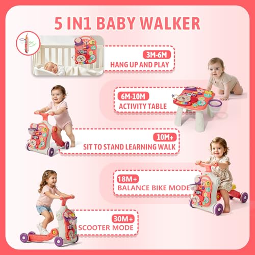Image of QDRAGON 5 in 1 Walker for Baby Girl, Baby Push Walkers, Assemble as Scooter /Motorbike /Activity Center /Detachable Panel, Walking Toys for Infants, Red