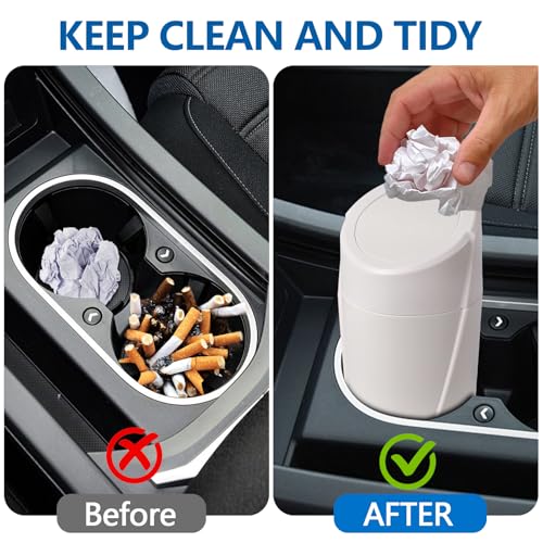 Image of Hovom Mini Car Trash Can with Lid, Portable Garbage Can for Car, Leakproof Cup Holder Automotive Garbage Bin with 2 Rolls of Trash Bags, Small Trash Storage Can for Car Home Office(White)