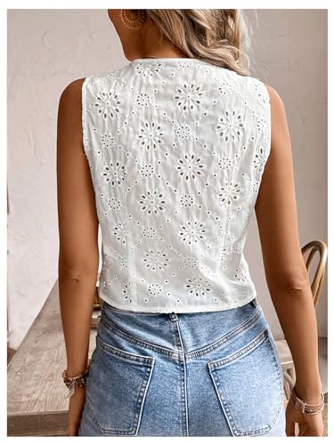 SHENHE Women's Eyelet Embroidery V Neck Button Up Vest Boho Sleeveless Blouse Top2