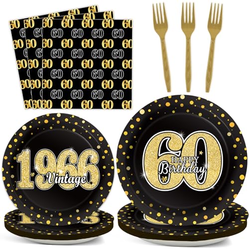 Image of 200PCS 60th Theme Birthday Party Tableware Vintage 1966 Party Supplies 60 year old Birthday Party Decorations Plates Napkins Forks Black and Gold Dinnerware Favors for Men or Women