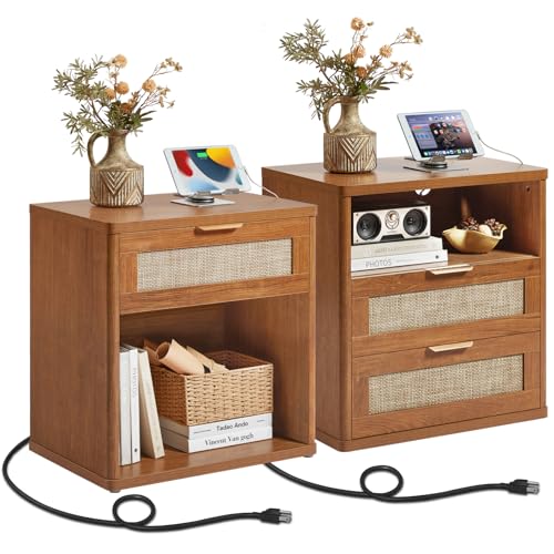 LEYAOYAO Rattan Nightstand Set of 2 with Charging Station, 1 & 2 Drawers Boho Night Stand Dresser for Bedroom, Tea Brown Bedside Table Open Storage Cabinet, Bed Side End Tables, Living Room, Hallway