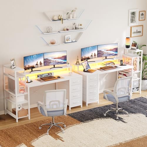 Image of 59 Inch Gaming Desk with LED Lights and Power Outlets, Computer Desk with Storage Shelves, Fabric Drawers, Monitor Stand & Side Hook, Reversible Gamer Table for Home Office, Carbon Fiber White