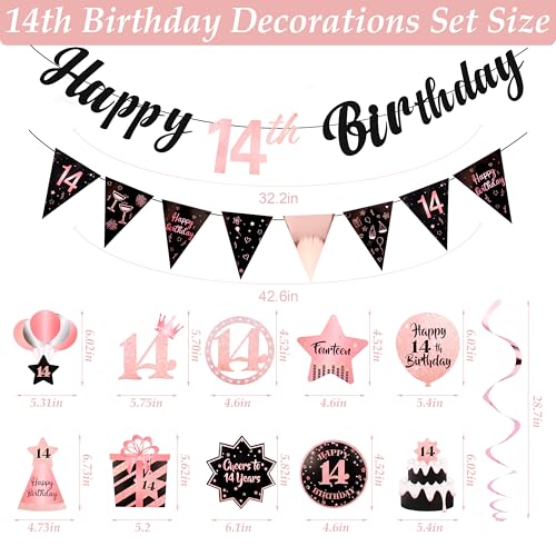 Image of 14th Birthday Decorations for Girls Rose Gold Pink Pre Strung Happy 14th Birthday Banner and Hanging Swirls 14 Year Old Party Decorations Supplies