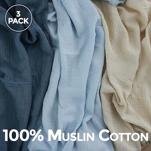 Image of Dreamology Muslin Swaddle Blankets Boy,Girl,100% Cotton Swaddle Blankets,3 Pack,Receiving Blanket for Unisex, Soft, Breathable Swaddle Blanket,Large 44 x 44 inch Cotton Blanket | Blue,Light Blue,Ecru